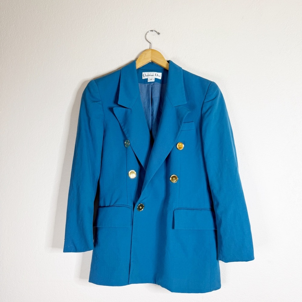 CHRISTIAN DIOR vintage teal blue double breasted wool blazer jacket SIZE 6